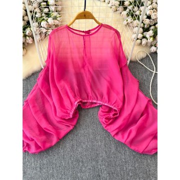 2025夏季新款法式氣質寬松顯瘦圓領燈籠袖不規則下擺雪紡衫上衣女