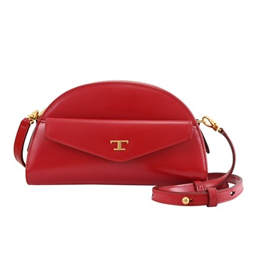 TODS 金屬LOGO質感亮面皮革迷你斜背半月包.紅