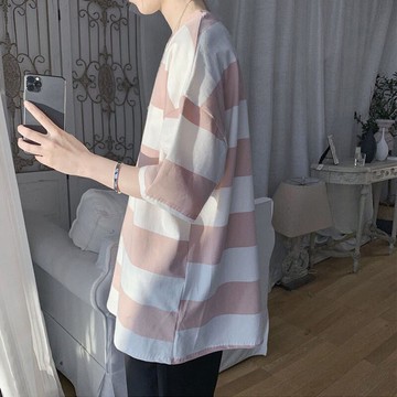 夏季條紋半袖男士韓版寬松潮流百搭港風ins短袖T恤潮牌五分袖體恤