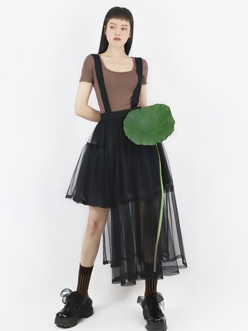 手工設計感錯位幾合感網紗連衣裙 吊帶裙 紗裙 長裙 蛋糕裙