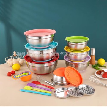 不銹鋼沙拉盆打蛋盆硅膠底和面盆防滑攪拌碗多功能料理碗烘培套裝