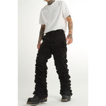 邊界ONLINE 黑色PU中性喇叭原創設計抽皺長褲反光質感