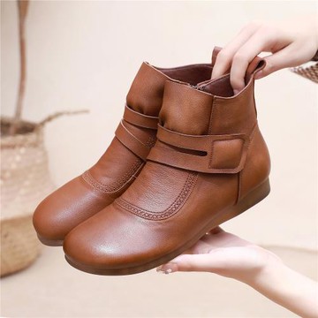 媽媽軟底短靴真皮平底單靴復古民族風平跟大碼中老年春秋女靴子冬