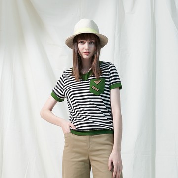 CLL巧玲瓏 橫條紋撞色V領上衣 7363109