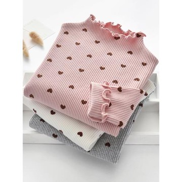 2025新款春秋女孩長袖打底衫韓版洋氣寶寶愛心上衣木耳邊長袖T恤4