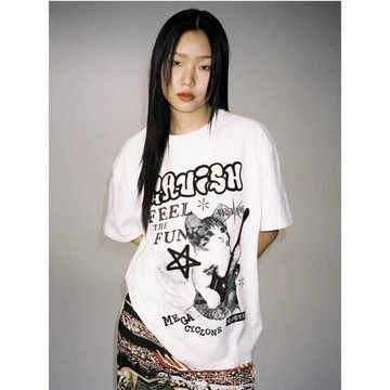 ins貓咪吉他純棉短袖女美式複古 女生上衣 印花寬鬆情侶短袖T恤上衣夏慵懶風 男生短袖 oversize韓版短T