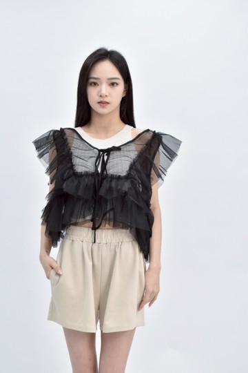 (L) want meow紡紗短袖黑色罩衫