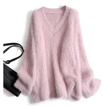 輕奢暖絨絨針織毛衣女秋冬 仿貂絨不掉毛純色V領套頭打底長袖上衣