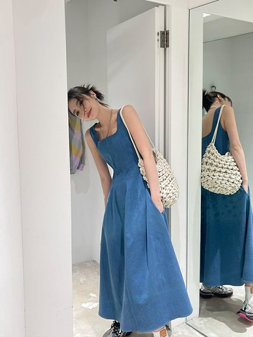 Q子晴 藍霧之戀薄款牛仔連衣裙女夏小眾設計感收腰氣質吊帶長裙