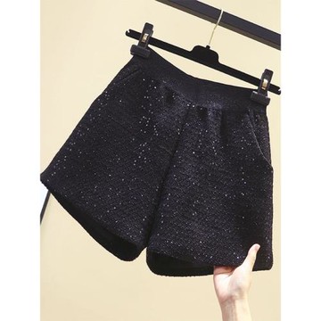 黑色闊腿短褲女春秋外穿松緊高腰顯瘦大碼亮片休閑a字粗花呢靴褲