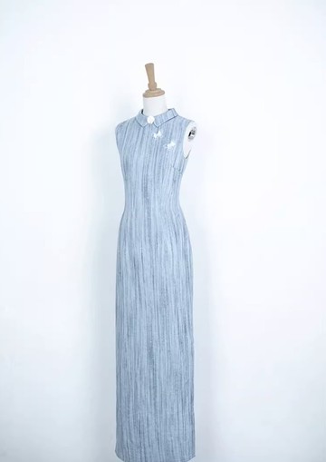 湖藍 水墨豎條紋無袖旗袍連身裙 手工製