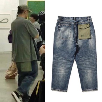 春夏新款牛仔褲微錐做舊潑墨直筒彈力寬松大碼腿粗潮牌余文樂男褲
