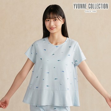 YVONNE 以旺傢飾 鯊魚印花拼接短袖上衣-浮水藍