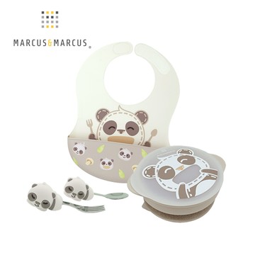 【MARCUS&MARCUS】幼兒自主學習餐具3件組(圍兜+手握叉匙+吸盤碗含蓋)(貓熊款)