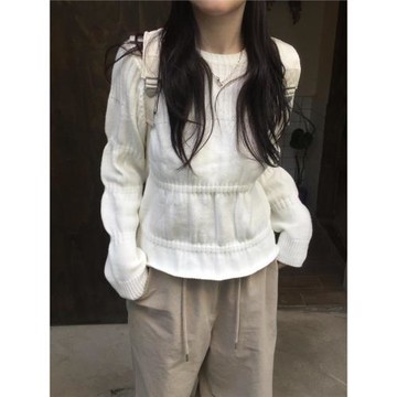 秋天日記 可愛抽褶圓領針織衫毛衣 俏皮泡泡袖套頭打底內搭上衣