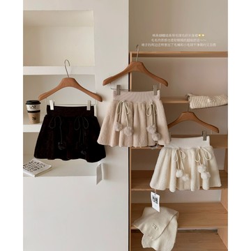 【太妮絲HU18】現貨韓系 毛球綁帶毛呢短裙 氣質 裙子 半身裙 女生冬季 高腰裙 百搭A字短裙 小香風毛呢裙 保暖短裙