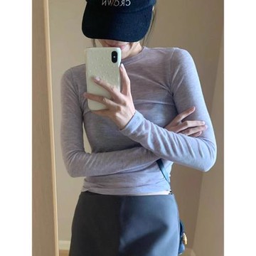 紫色圓領超細羊毛針織打底衫女2024早春新款修身薄款長袖內搭上衣