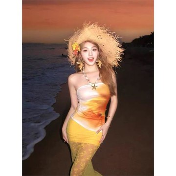 (免運)設計感多巴胺度假風蕾絲薄紗魚尾裙落日晚霞印花抹胸上衣套裝長裙