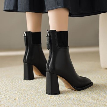 GUDAO 8.5cm方頭高跟短靴女秋冬新款真皮彈力瘦瘦襪靴短筒時裝靴