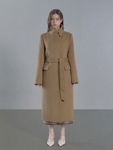 羊毛高領手工羊毛大衣 - 駝色/黑色