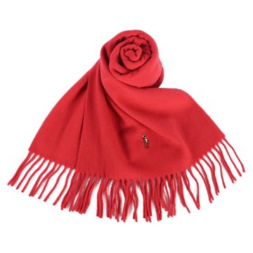 RALPH LAUREN POLO 彩色小馬刺繡LOGO素面羊毛圍巾-紅色