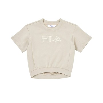 FILA KIDS #復古飛馳 女童短袖莫代爾太空棉短版上衣-石灰(幼兒) 5TEZ-8026-LG