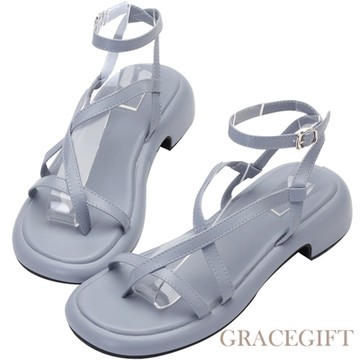 【Grace Gift】不規則帶圓頭中跟涼鞋  藍灰