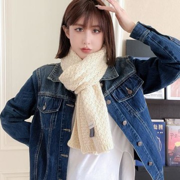 加厚冬季保暖麻花針織圍巾女年輕人學生淺色黑色純色布標毛線圍脖