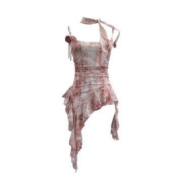 立體花朵扎染荷葉邊飄帶無袖網紗吊帶衫 露背不規則褶皺背心上衣