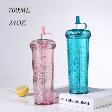 24OZ輕奢高級雙層塑料水杯700ml可愛女生吸管便攜時尚高顏值果汁