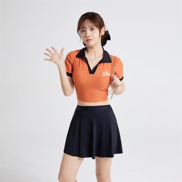 汐姿瀾分體裙式大胸泳衣B/C/D/E鋼托顯瘦保守Polo衫休閑溫泉泳裝