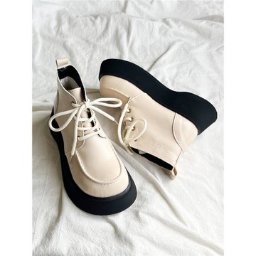 【大頭叔】厚底馬丁靴女秋冬季圓頭系帶加絨保暖女鞋增高小短靴女