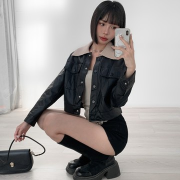 【Aa.chic熱賣商品】時髦復古撞色翻領皮外套(三色).女裝/翻領/皮革/外套/排扣/時髦/秋冬【C082367】