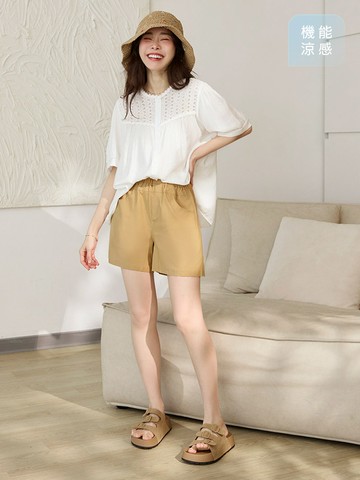 涼感．冰感彈力純色腰鬆緊寬短褲