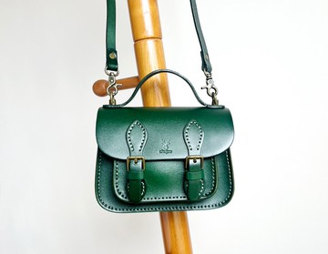 綠色植鞣皮郵差包 學院風復古劍橋包 真皮女包 免費客制