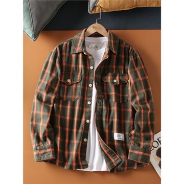 春秋新品日系復古色織撞色格紋男士純棉磨毛寬松休閑工裝襯衫外