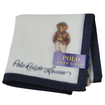 RALPH LAUREN POLO 米白底藏青邊休閒獵裝小熊LOGO圖騰小方巾(34CM)