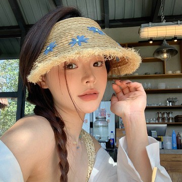 【PING'S🌞】空頂 小雛菊 草帽子 女 新款 沙灘 度假 海邊 遮陽 夏季 大帽簷 防曬帽 潮