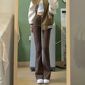咖色加絨加厚微喇叭牛仔褲女秋冬2021新款高腰直筒顯瘦闊腿拖地褲