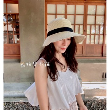 「拉兒小舖」台灣現貨-日款 韓版  草帽  日系風 蝴蝶結草帽 可折疊 米色卡其