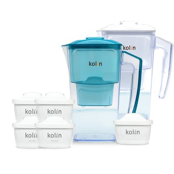 KOLIN 2.5L濾水壺(內含四重濾芯*1)+五重淨垢濾芯4入(共1壺5芯/適用Brita)