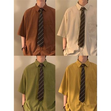 NAGAWL2025夏季寬松純色百搭學院風休閑短袖polo領襯衫上衣男女潮