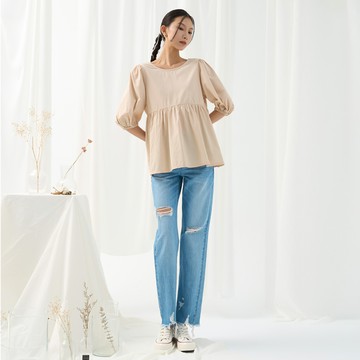 背殺綁帶少女泡泡袖襯衫(淺粉紅)-女