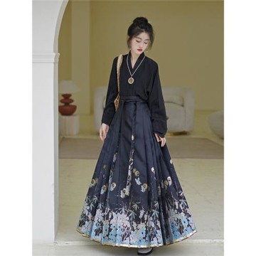 承前國風日常新中式織金高腰黑色織金馬面裙小個子秋冬現貨漢服女