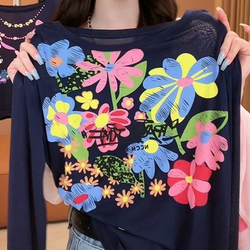 【夏季新款】韓版花朵印花長袖T恤女 慵懶風防曬罩衫 薄款長袖上衣 透氣防曬衫 外搭罩衫 大碼長袖防曬衫 空調罩衫