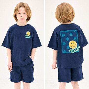 韓國 Jelispoon - 背後笑臉框框印短袖套裝-海軍藍