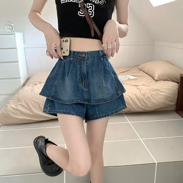 夏季高腰防走光短裙 a字顯瘦 25年新款假兩件高腰牛仔短褲裙女夏季韓版顯瘦百褶辣妹字熱褲