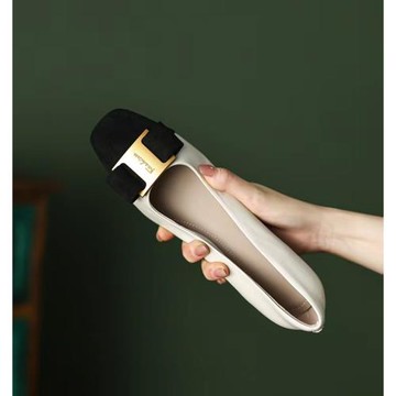 真皮拼色粗跟法式蝴蝶結高跟鞋新款春秋中跟方頭淺口金屬扣單鞋女