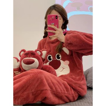 睡衣女秋冬季天珊瑚絨加絨加厚草莓熊法蘭絨家居服2024年新款套裝