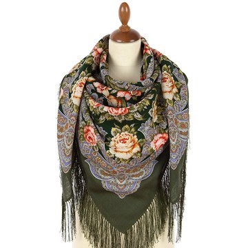 Pavlovo Posad 俄羅斯披肩，100% 羊毛圍巾，125x125 公分，絲綢流蘇，款式 1980-10